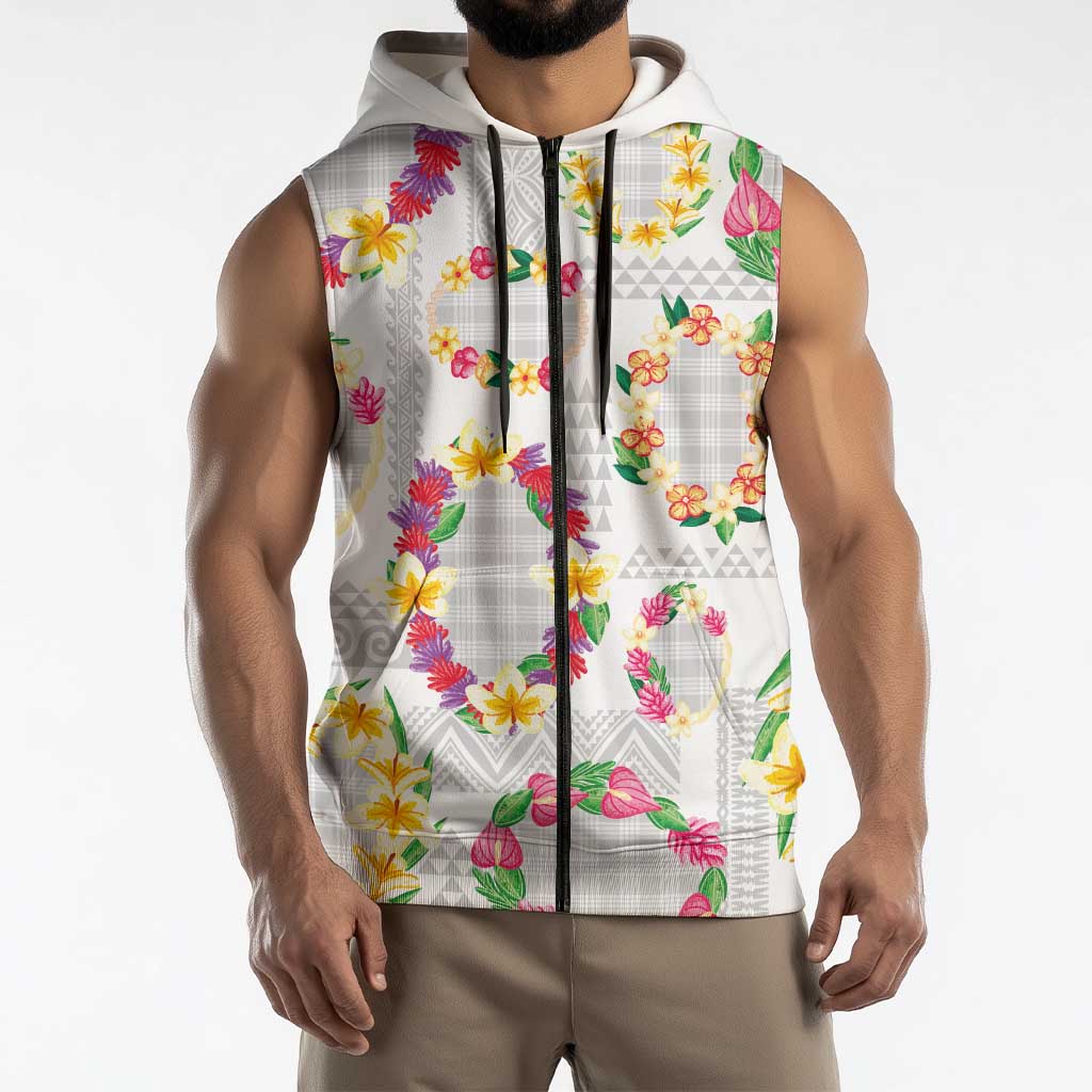 Hawaiian Kakau Tattoo Leis and Palaka Pattern Sleeveless Zip Hoodie Traditional Aloha Tribal White Color