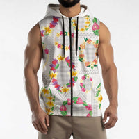 Hawaiian Kakau Tattoo Leis and Palaka Pattern Sleeveless Zip Hoodie Traditional Aloha Tribal White Color