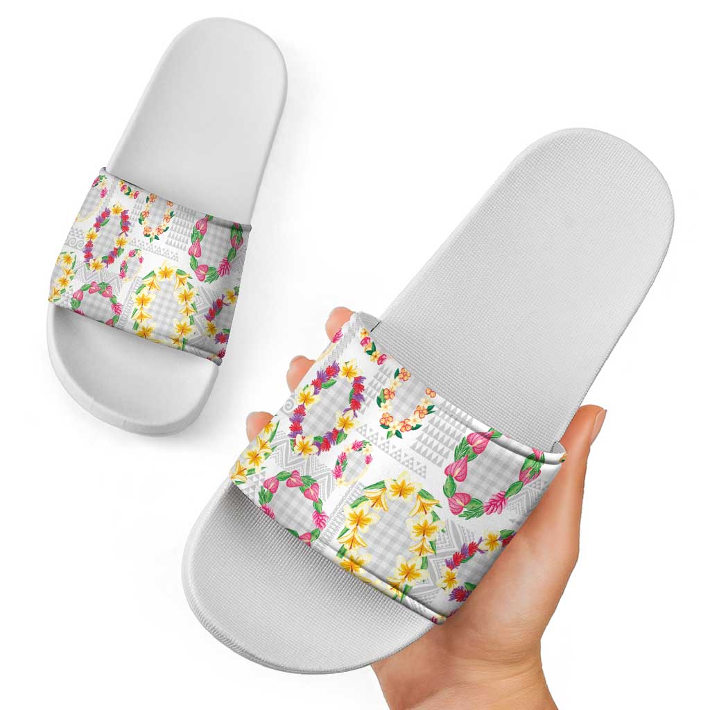 Hawaiian Kakau Tattoo Leis and Palaka Pattern Slide Sandals Traditional Aloha Tribal White Color