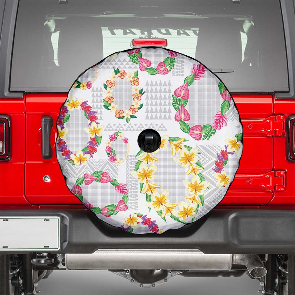 Hawaiian Kakau Tattoo Leis and Palaka Pattern Spare Tire Cover Traditional Aloha Tribal White Color