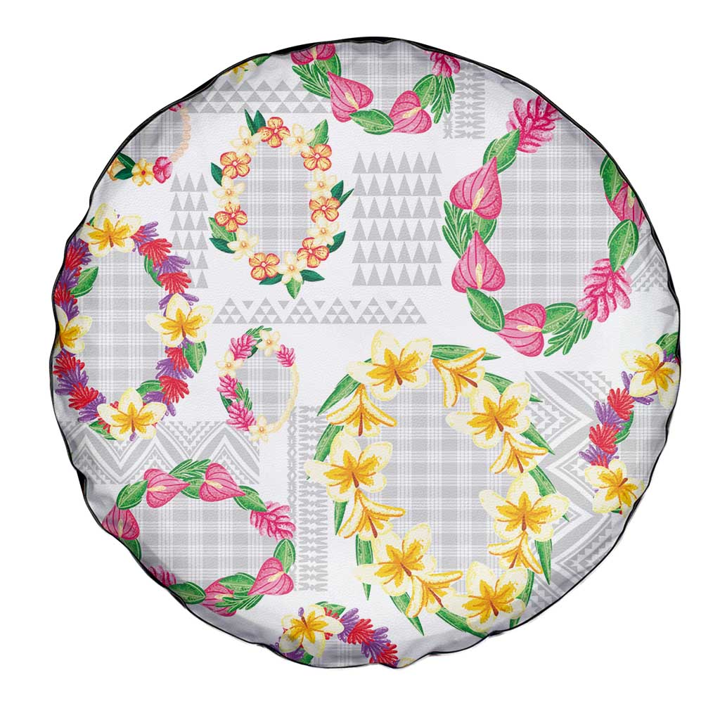 Hawaiian Kakau Tattoo Leis and Palaka Pattern Spare Tire Cover Traditional Aloha Tribal White Color