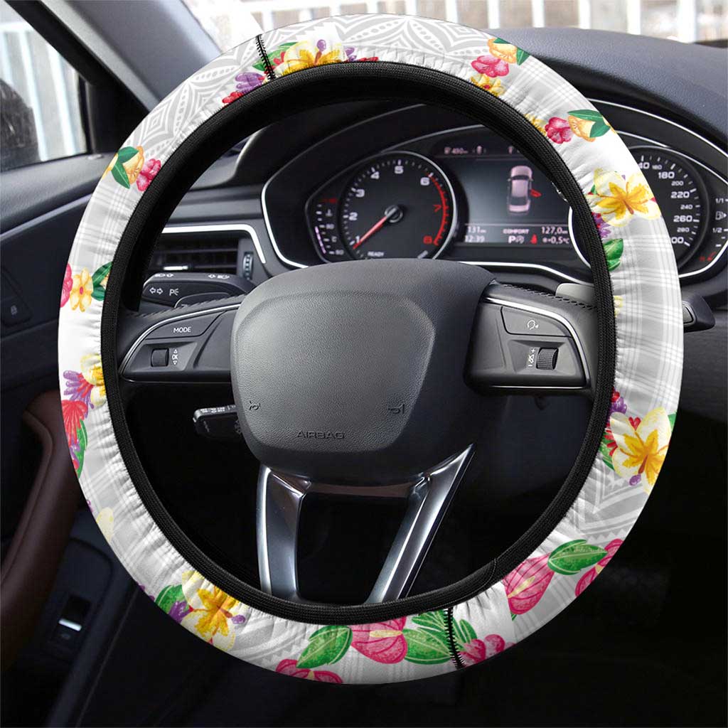 Hawaiian Kakau Tattoo Leis and Palaka Pattern Steering Wheel Cover Traditional Aloha Tribal White Color