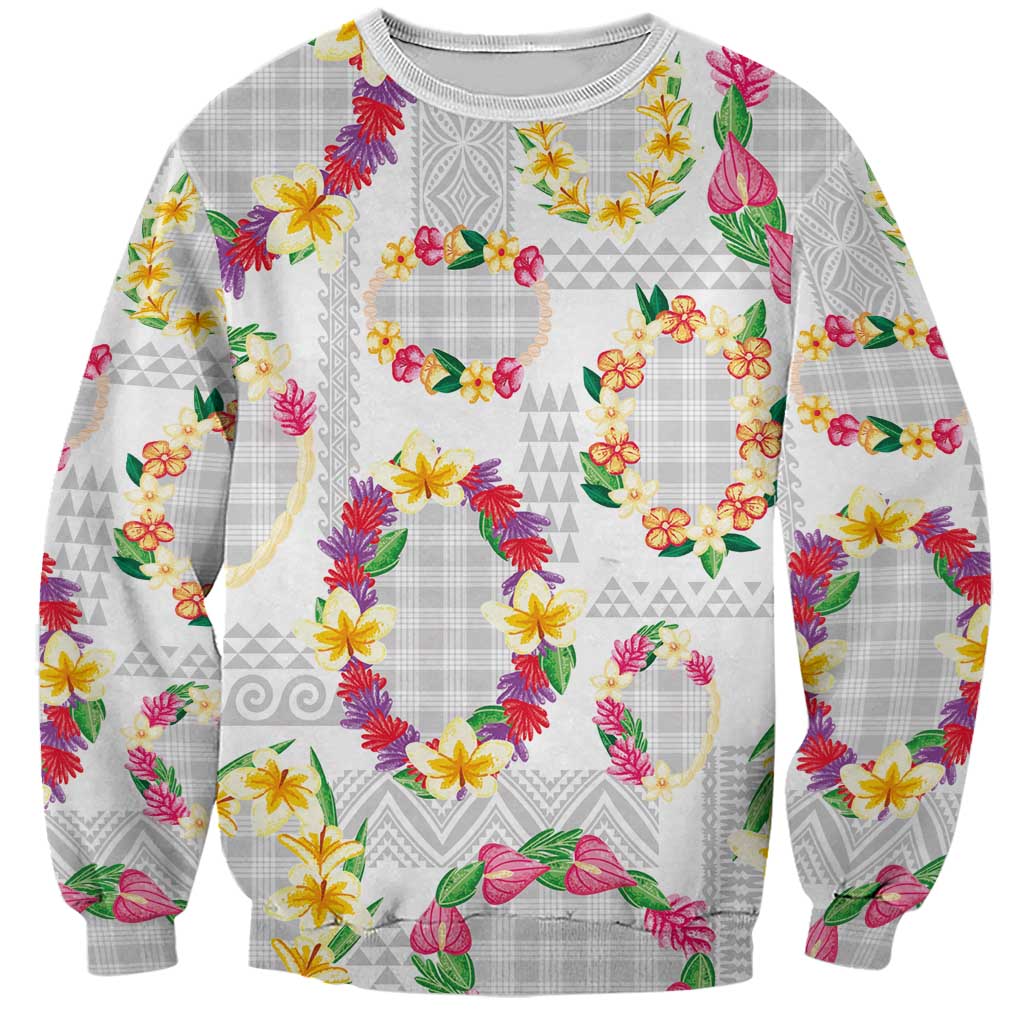 Hawaiian Kakau Tattoo Leis and Palaka Pattern Sweatshirt Traditional Aloha Tribal White Color
