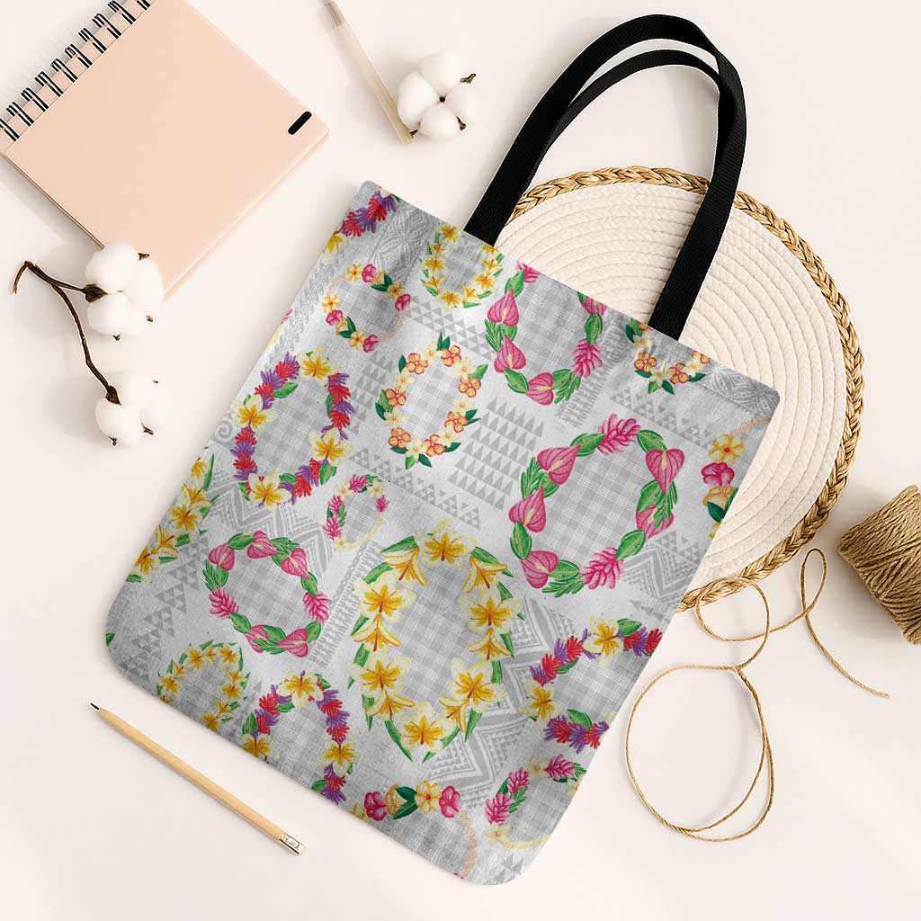 Hawaiian Kakau Tattoo Leis and Palaka Pattern Tote Bag Traditional Aloha Tribal White Color