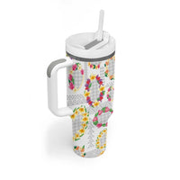 Hawaiian Kakau Tattoo Leis and Palaka Pattern Tumbler With Handle Traditional Aloha Tribal White Color