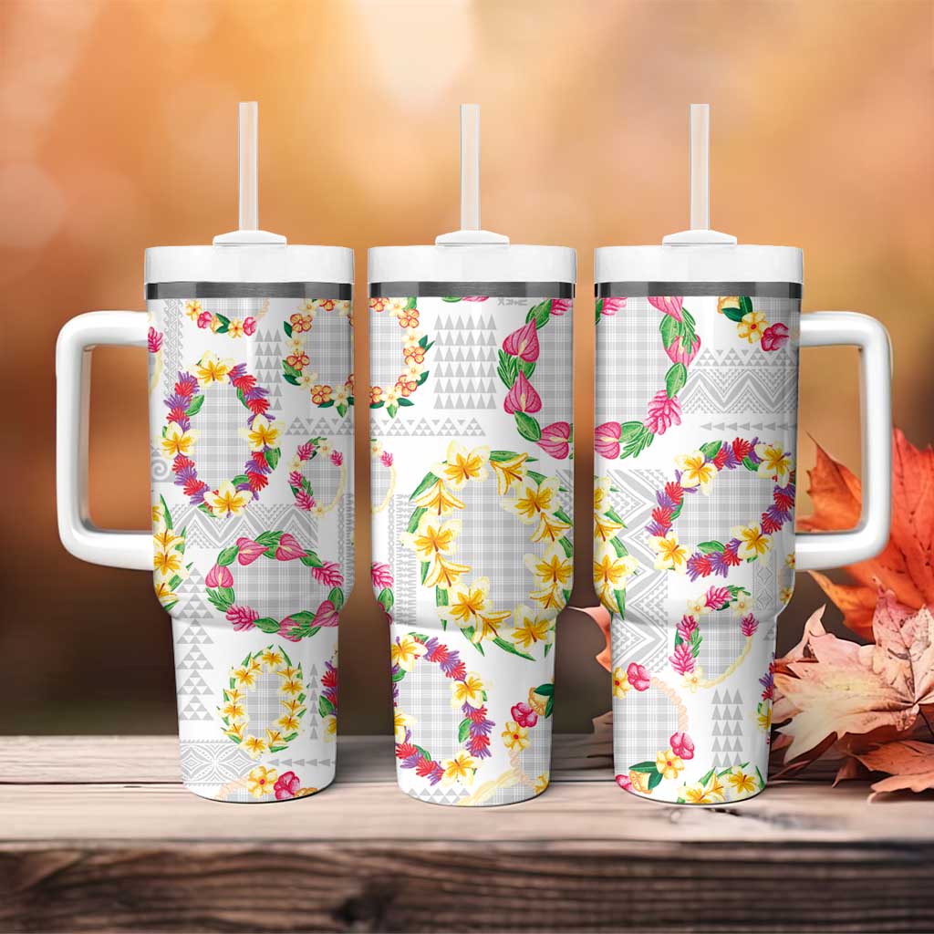 Hawaiian Kakau Tattoo Leis and Palaka Pattern Tumbler With Handle Traditional Aloha Tribal White Color