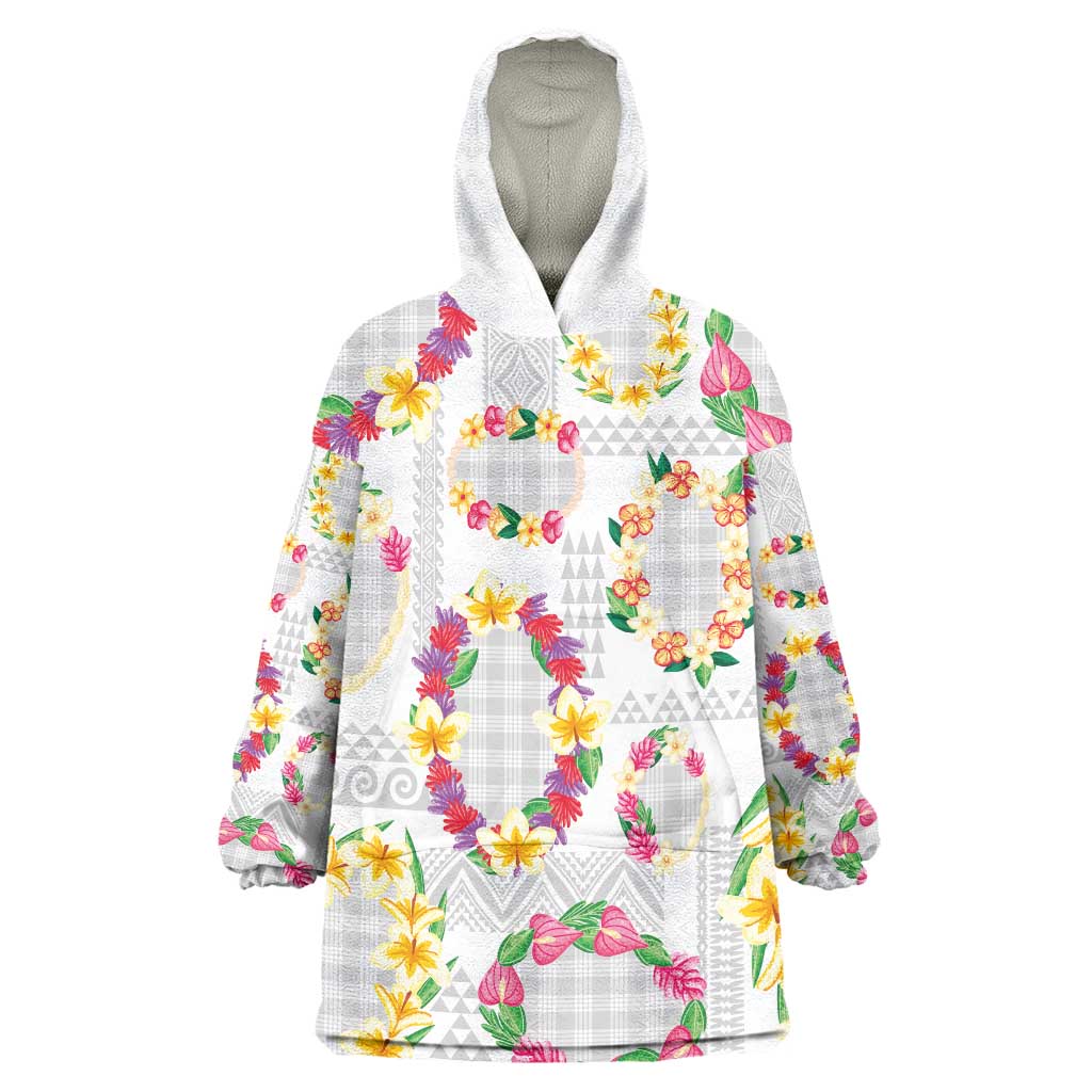 Hawaiian Kakau Tattoo Leis and Palaka Pattern Wearable Blanket Hoodie Traditional Aloha Tribal White Color