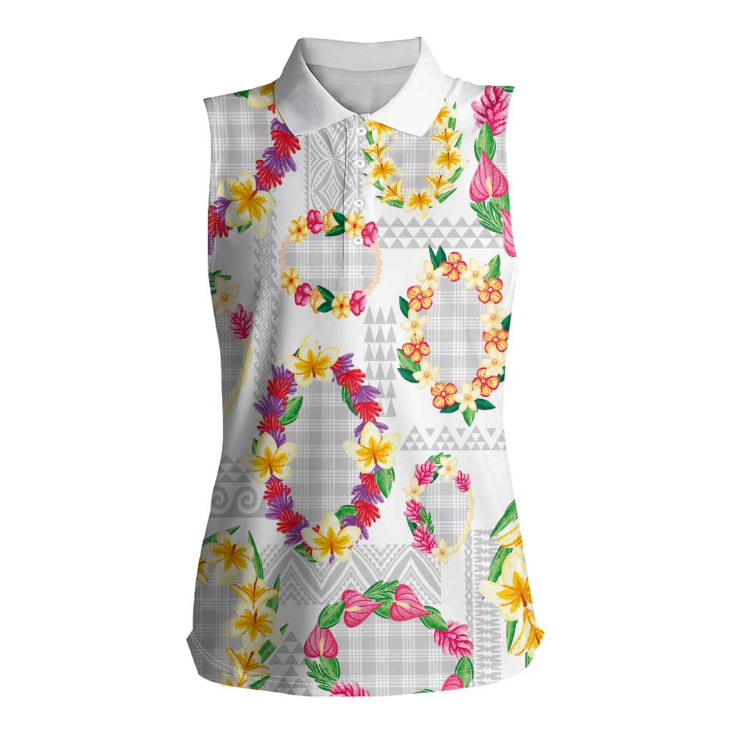 Hawaiian Kakau Tattoo Leis and Palaka Pattern Women Sleeveless Polo Shirt Traditional Aloha Tribal White Color LT03 Female White - Polynesian Pride
