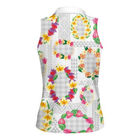 Hawaiian Kakau Tattoo Leis and Palaka Pattern Women Sleeveless Polo Shirt Traditional Aloha Tribal White Color LT03 - Polynesian Pride