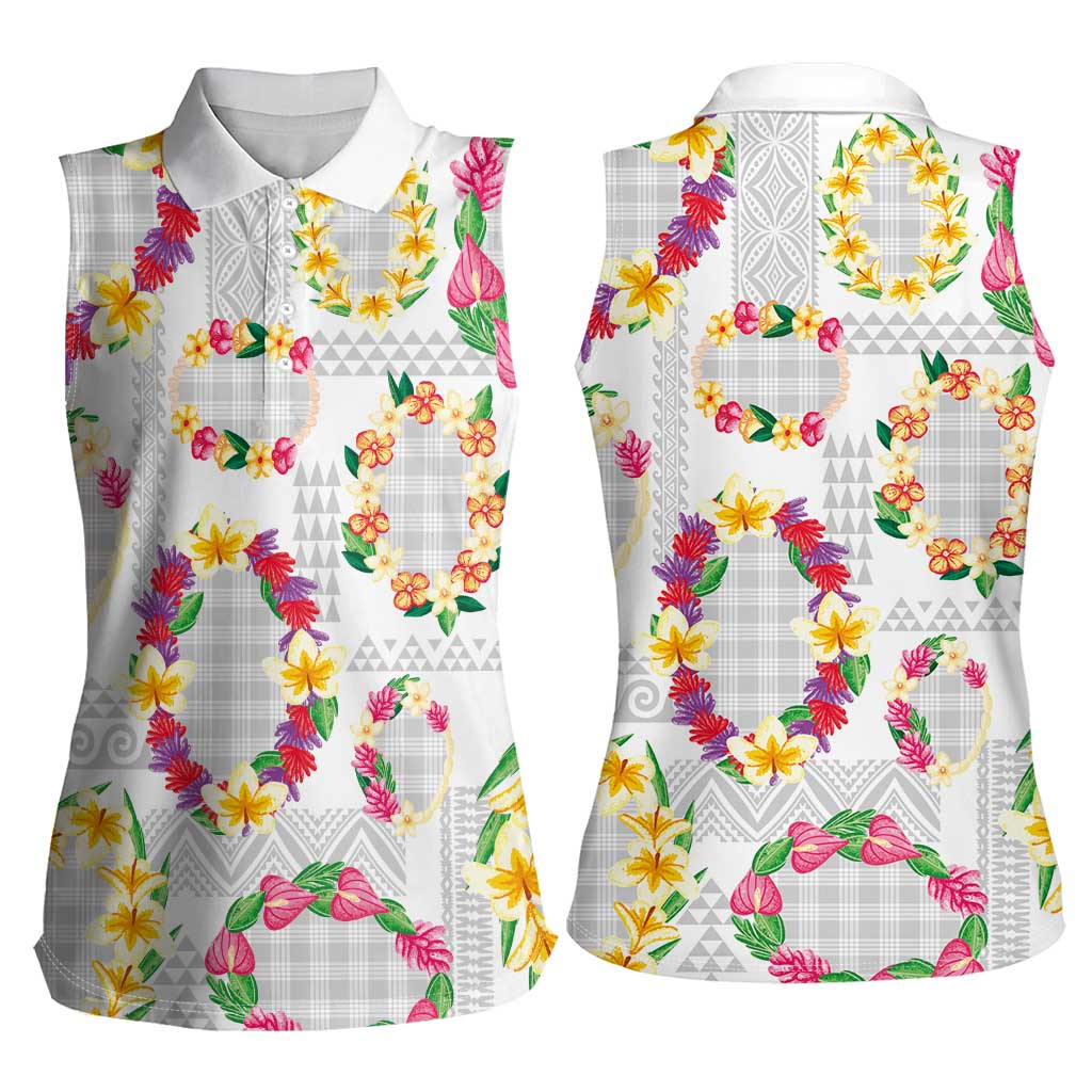 Hawaiian Kakau Tattoo Leis and Palaka Pattern Women Sleeveless Polo Shirt Traditional Aloha Tribal White Color LT03 - Polynesian Pride