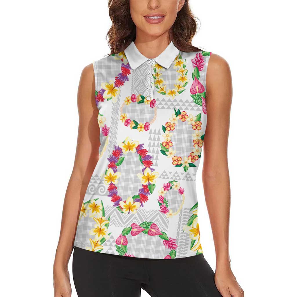 Hawaiian Kakau Tattoo Leis and Palaka Pattern Women Sleeveless Polo Shirt Traditional Aloha Tribal White Color LT03 - Polynesian Pride