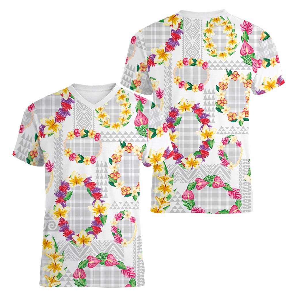 Hawaiian Kakau Tattoo Leis and Palaka Pattern Women V-Neck T-Shirt Traditional Aloha Tribal White Color LT03 - Polynesian Pride