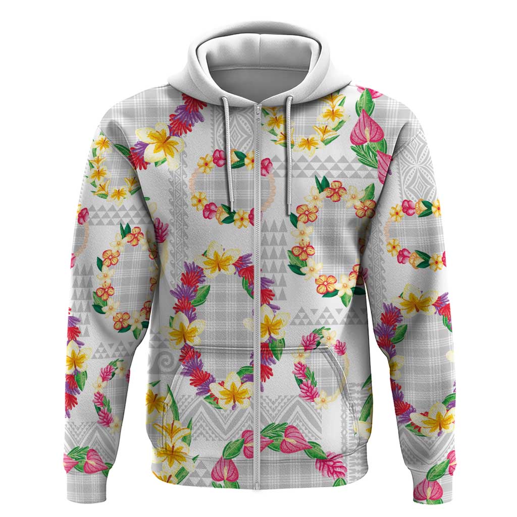 Hawaiian Kakau Tattoo Leis and Palaka Pattern Zip Hoodie Traditional Aloha Tribal White Color