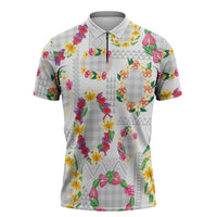 Hawaiian Kakau Tattoo Leis and Palaka Pattern Zipper Polo Shirt Traditional Aloha Tribal White Color