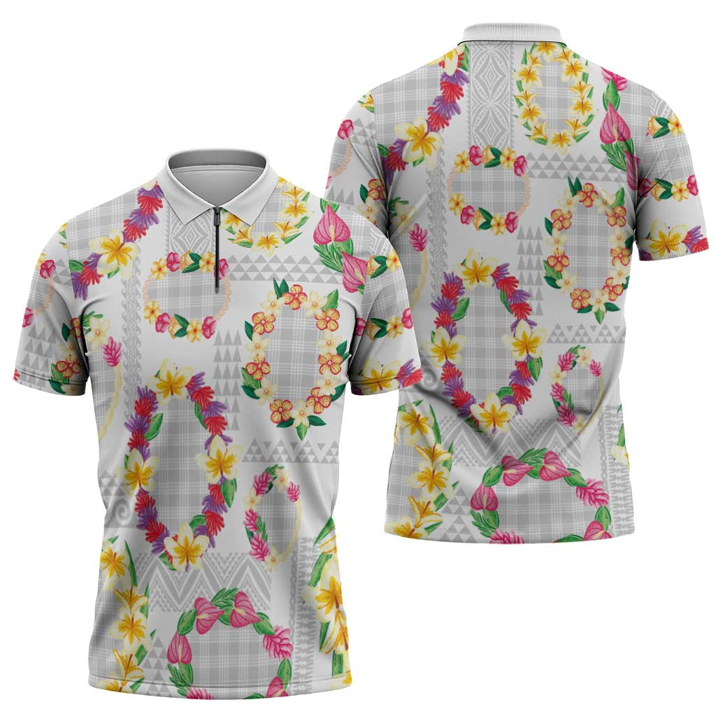 Hawaiian Kakau Tattoo Leis and Palaka Pattern Zipper Polo Shirt Traditional Aloha Tribal White Color