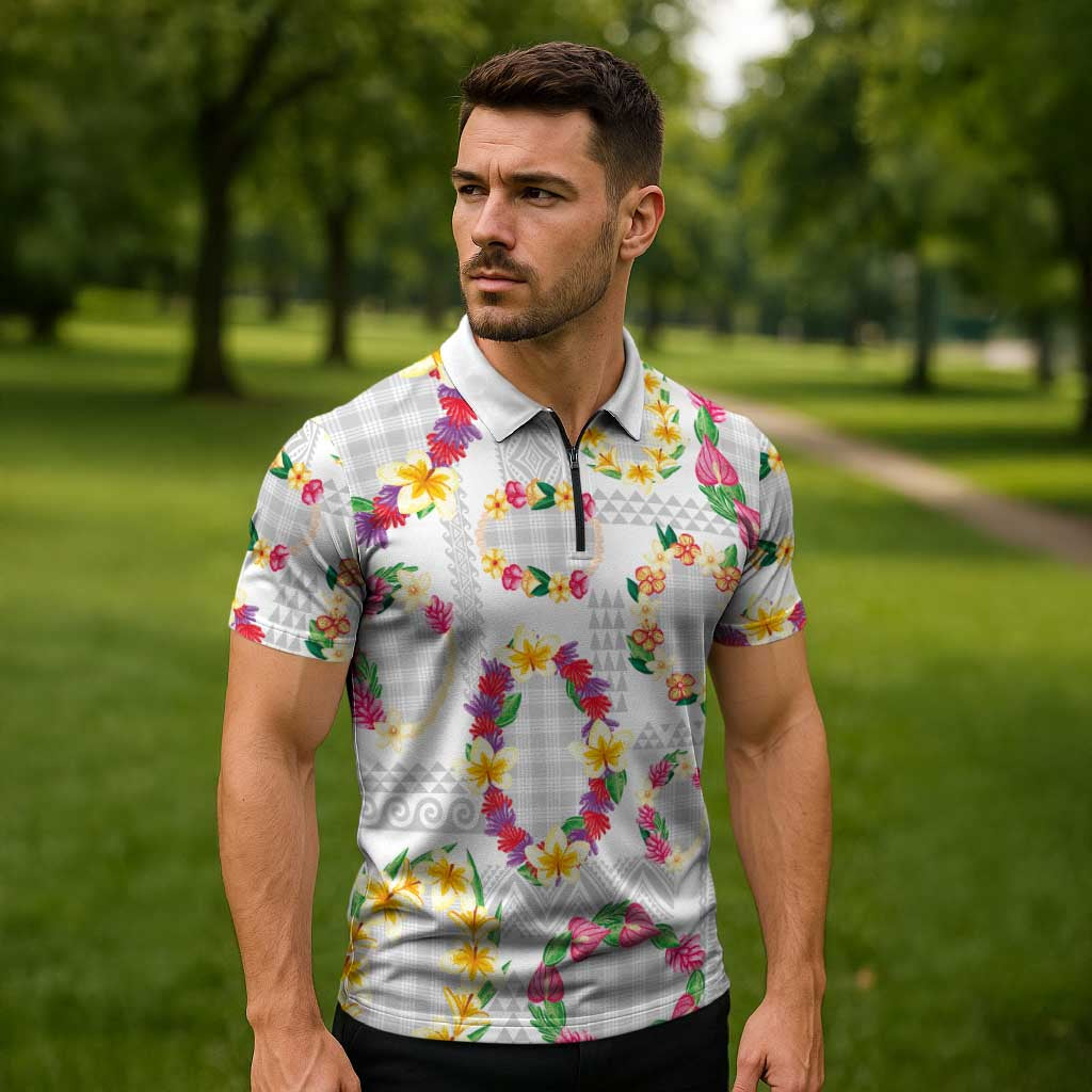 Hawaiian Kakau Tattoo Leis and Palaka Pattern Zipper Polo Shirt Traditional Aloha Tribal White Color