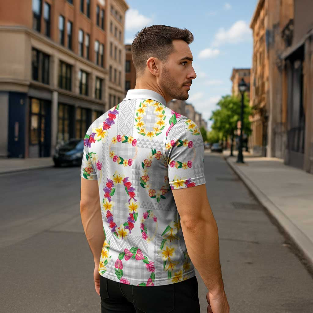 Hawaiian Kakau Tattoo Leis and Palaka Pattern Zipper Polo Shirt Traditional Aloha Tribal White Color