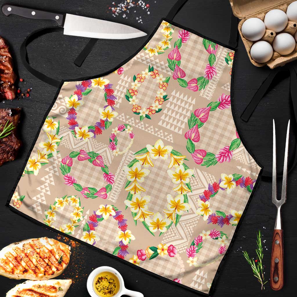 Hawaiian Kakau Tattoo Leis and Palaka Pattern Apron Traditional Aloha Tribal Beige Color