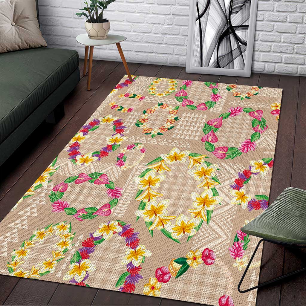 Hawaiian Kakau Tattoo Leis and Palaka Pattern Area Rug Traditional Aloha Tribal Beige Color