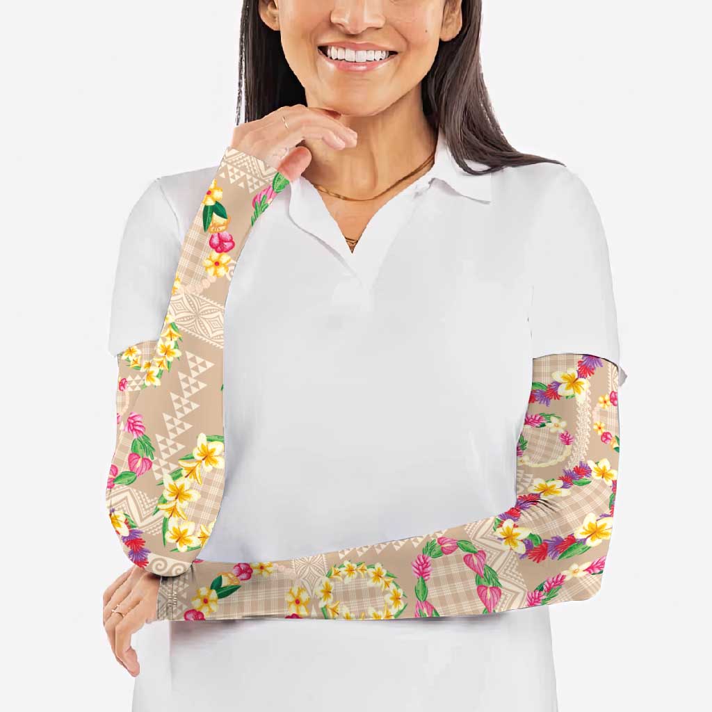 Hawaiian Kakau Tattoo Leis and Palaka Pattern Arm Sleeves Traditional Aloha Tribal Beige Color