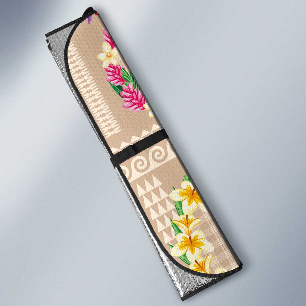 Hawaiian Kakau Tattoo Leis and Palaka Pattern Auto Sun Shade Traditional Aloha Tribal Beige Color