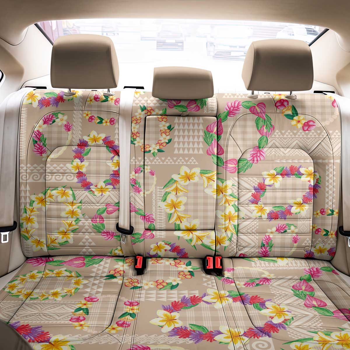 Hawaiian Kakau Tattoo Leis and Palaka Pattern Back Car Seat Cover Traditional Aloha Tribal Beige Color