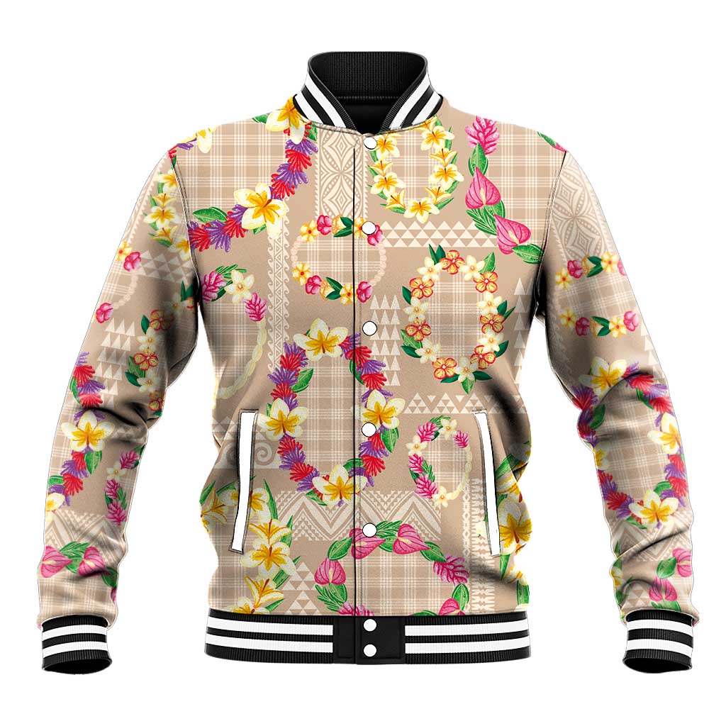 Hawaiian Kakau Tattoo Leis and Palaka Pattern Baseball Jacket Traditional Aloha Tribal Beige Color