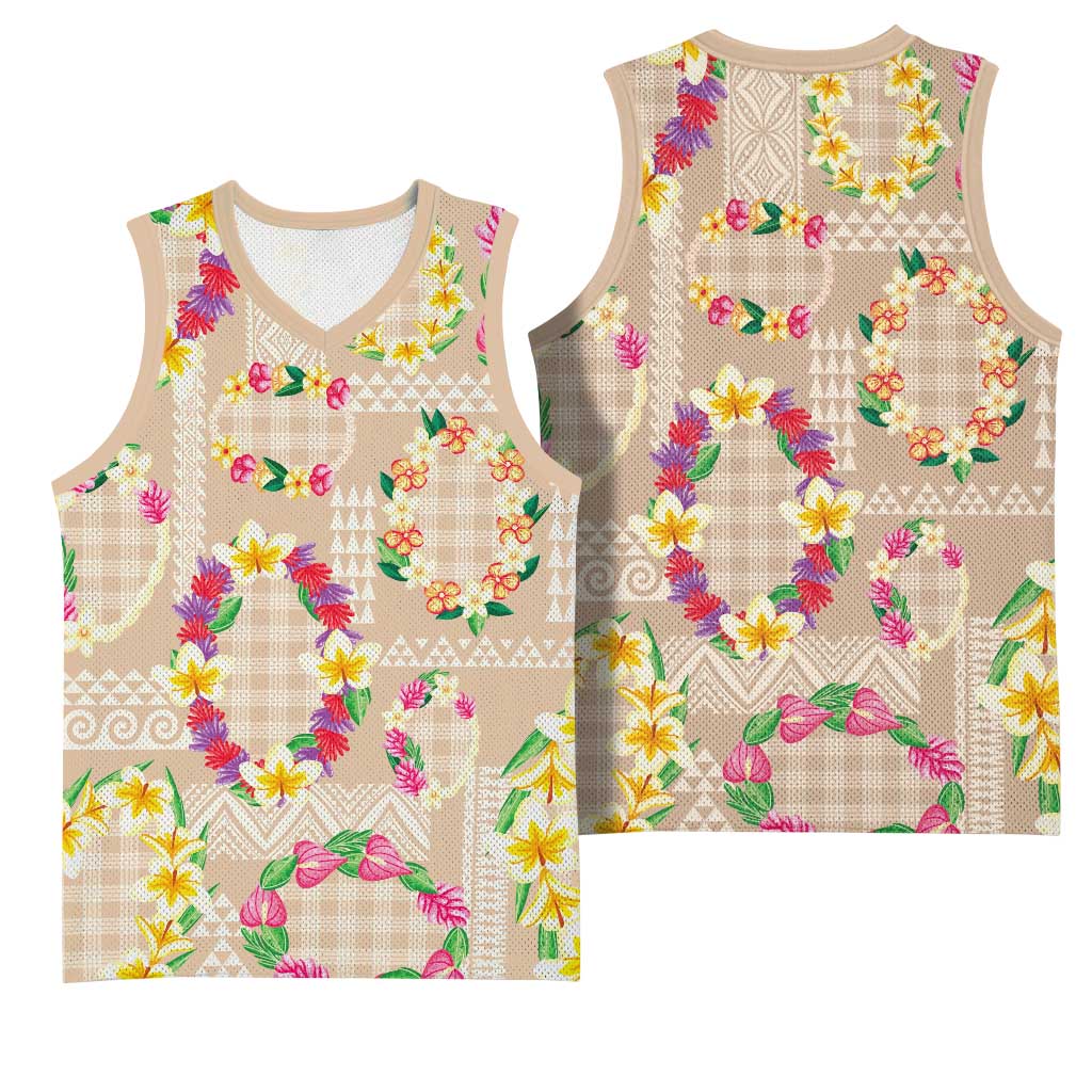 Hawaiian Kakau Tattoo Leis and Palaka Pattern Basketball Jersey Traditional Aloha Tribal Beige Color