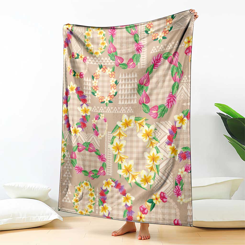 Hawaiian Kakau Tattoo Leis and Palaka Pattern Blanket Traditional Aloha Tribal Beige Color