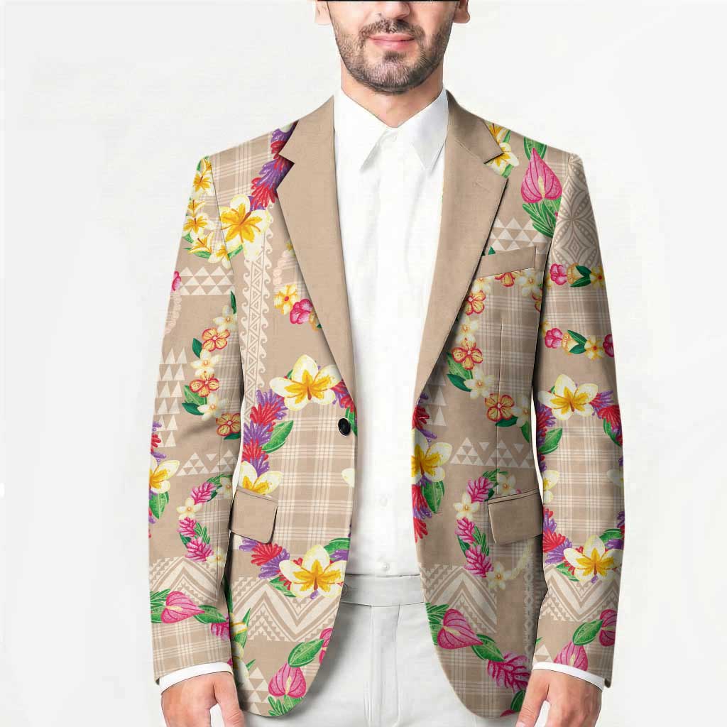 Hawaiian Kakau Tattoo Leis and Palaka Pattern Blazer Traditional Aloha Tribal Beige Color