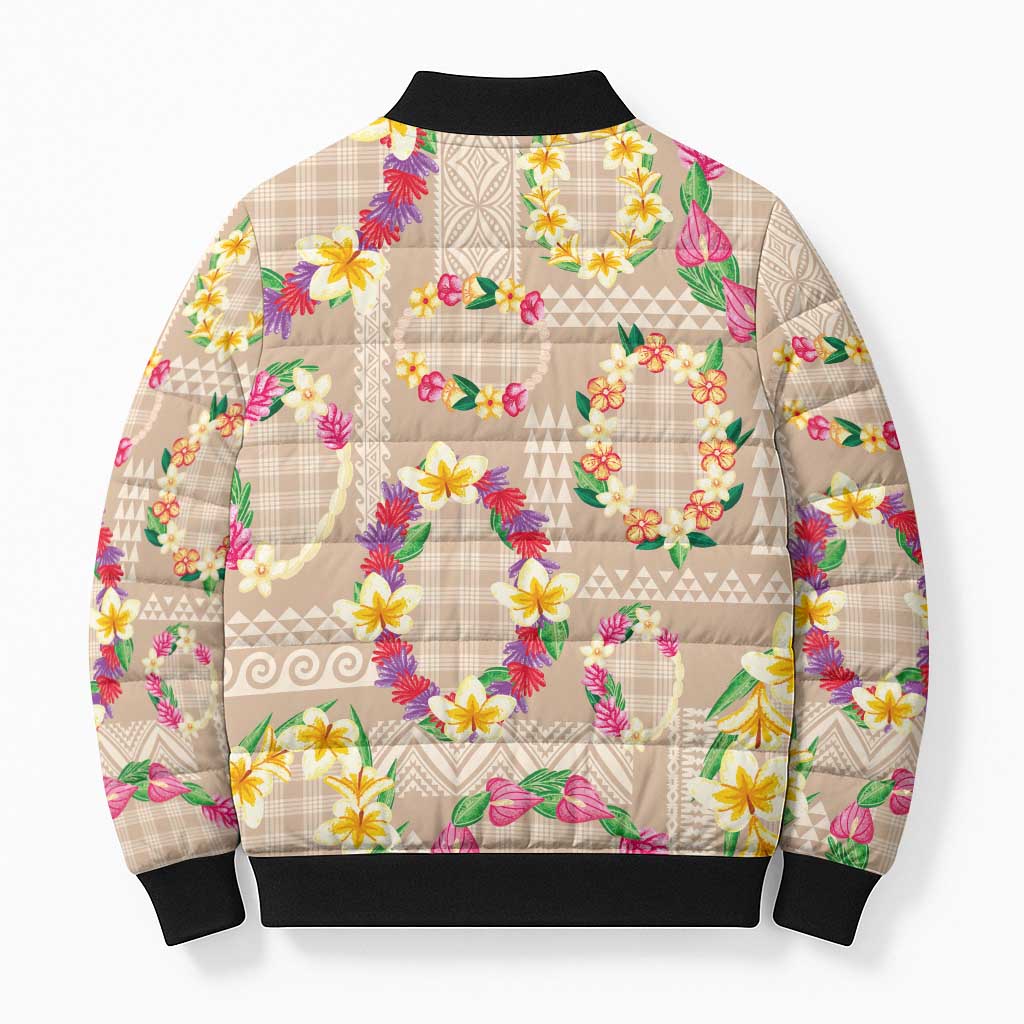 Hawaiian Kakau Tattoo Leis and Palaka Pattern Bomber Puffer Jacket Traditional Aloha Tribal Beige Color