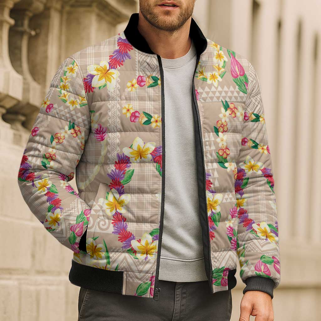 Hawaiian Kakau Tattoo Leis and Palaka Pattern Bomber Puffer Jacket Traditional Aloha Tribal Beige Color