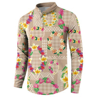 Hawaiian Kakau Tattoo Leis and Palaka Pattern Button Sweatshirt Traditional Aloha Tribal Beige Color