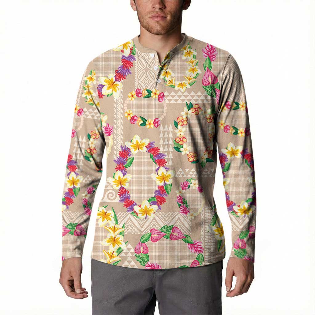 Hawaiian Kakau Tattoo Leis and Palaka Pattern Button Sweatshirt Traditional Aloha Tribal Beige Color