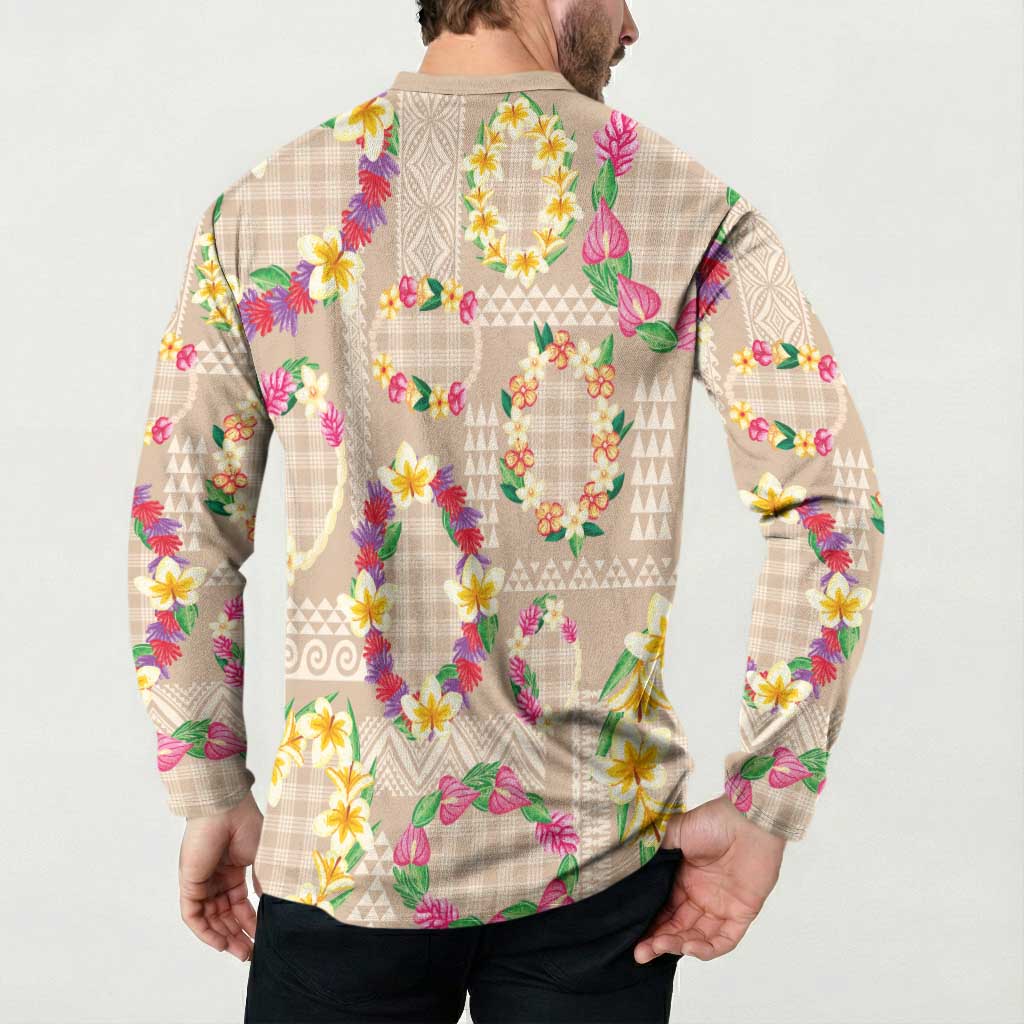 Hawaiian Kakau Tattoo Leis and Palaka Pattern Button Sweatshirt Traditional Aloha Tribal Beige Color