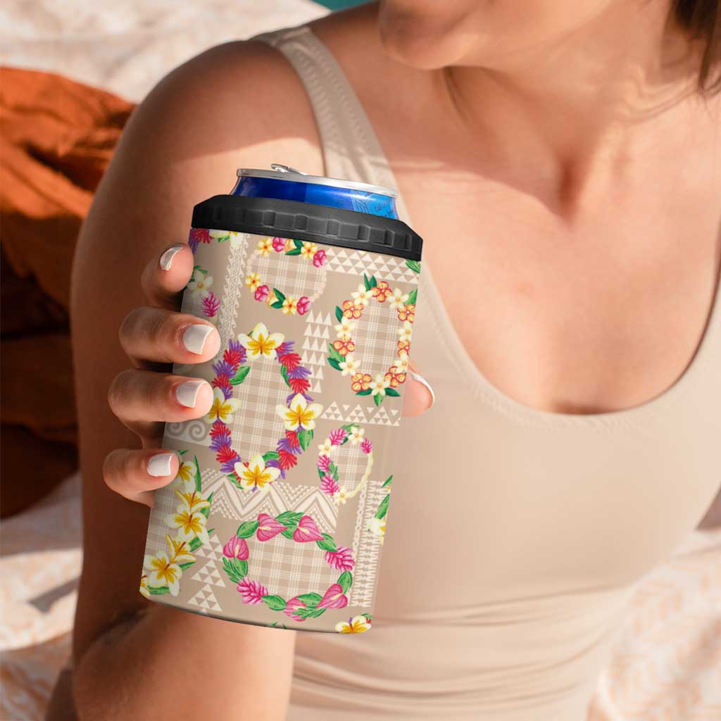 Hawaiian Kakau Tattoo Leis and Palaka Pattern 4 in 1 Can Cooler Tumbler Traditional Aloha Tribal Beige Color LT03 - Polynesian Pride