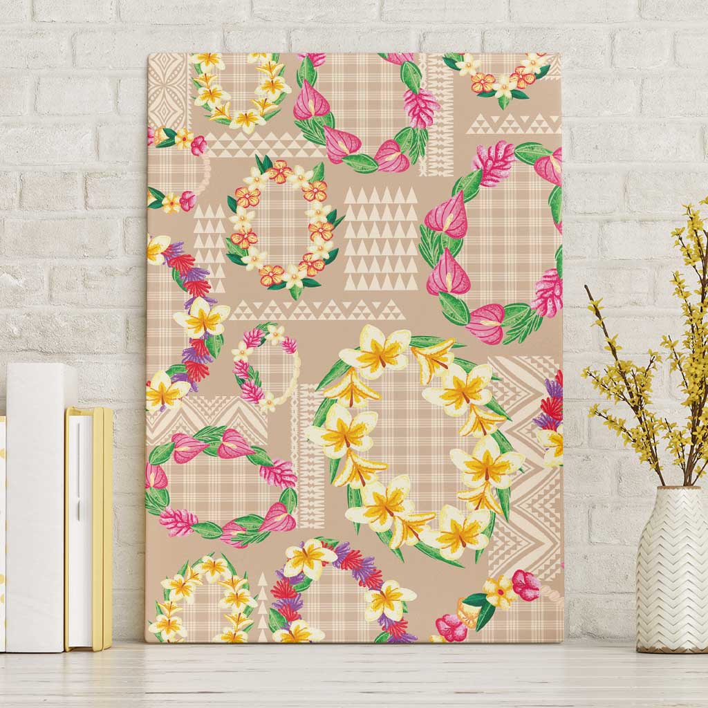 Hawaiian Kakau Tattoo Leis and Palaka Pattern Canvas Wall Art Traditional Aloha Tribal Beige Color