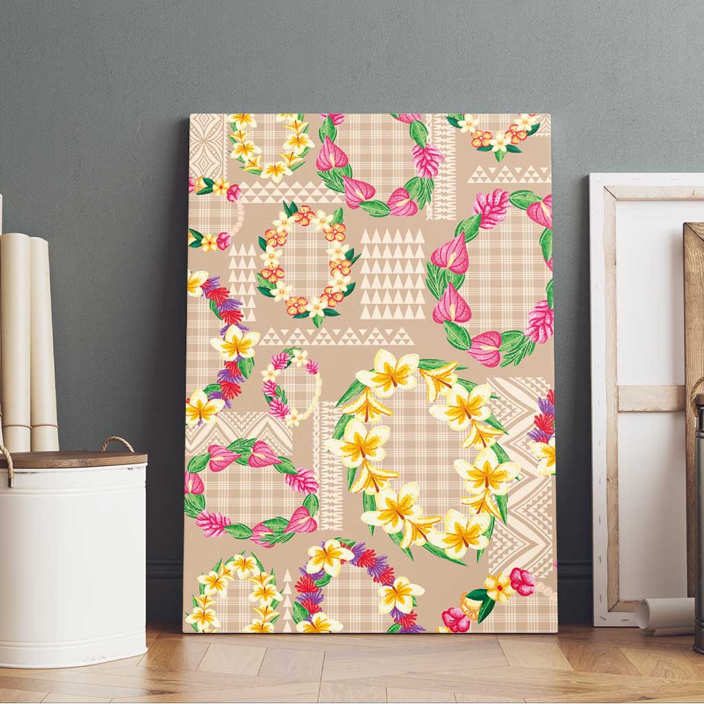 Hawaiian Kakau Tattoo Leis and Palaka Pattern Canvas Wall Art Traditional Aloha Tribal Beige Color