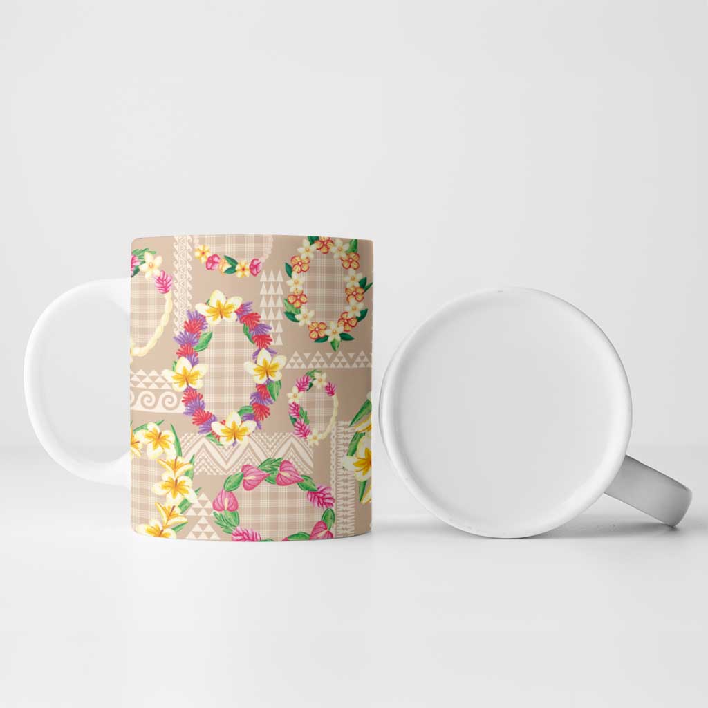 Hawaiian Kakau Tattoo Leis and Palaka Pattern Ceramic Mug Traditional Aloha Tribal Beige Color