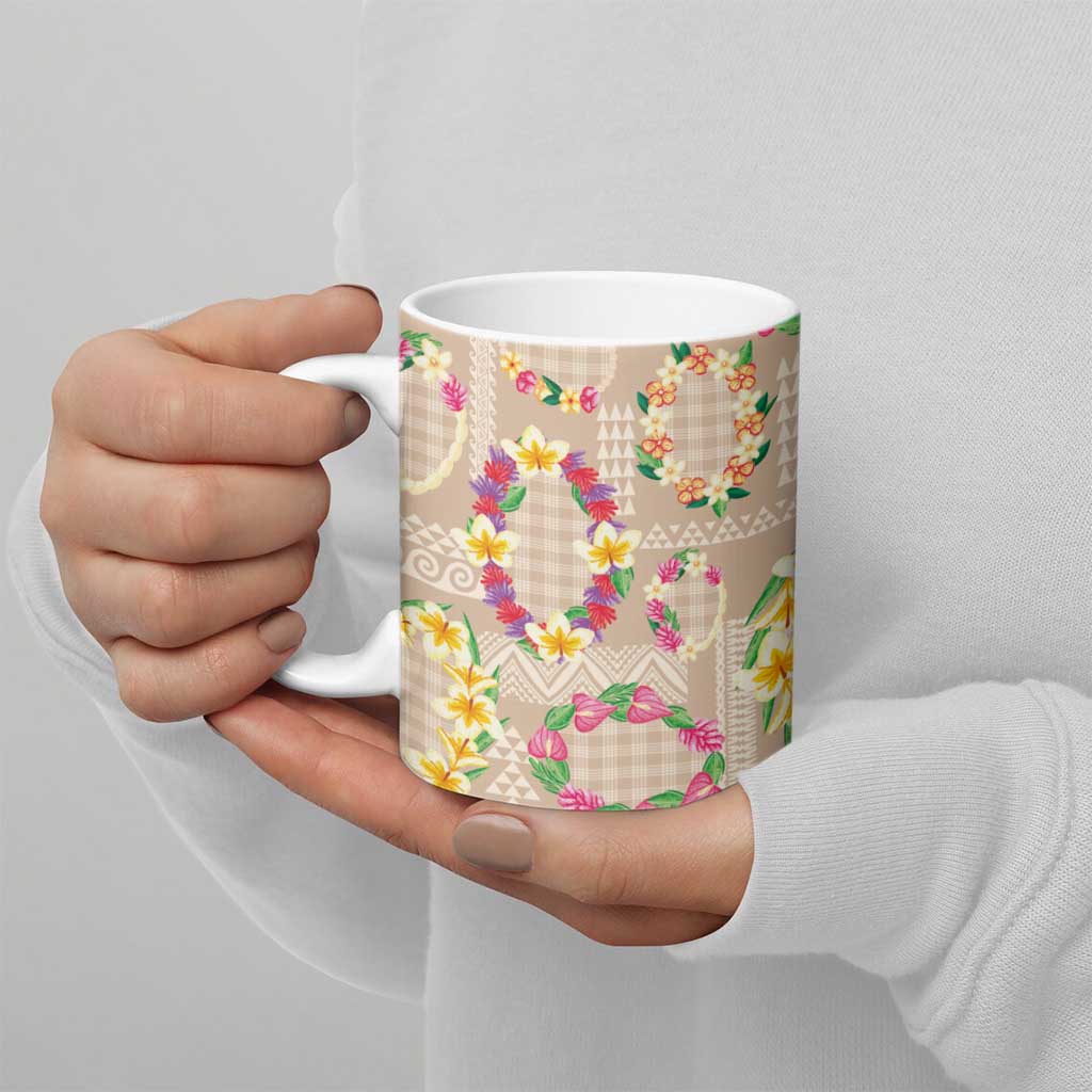 Hawaiian Kakau Tattoo Leis and Palaka Pattern Ceramic Mug Traditional Aloha Tribal Beige Color