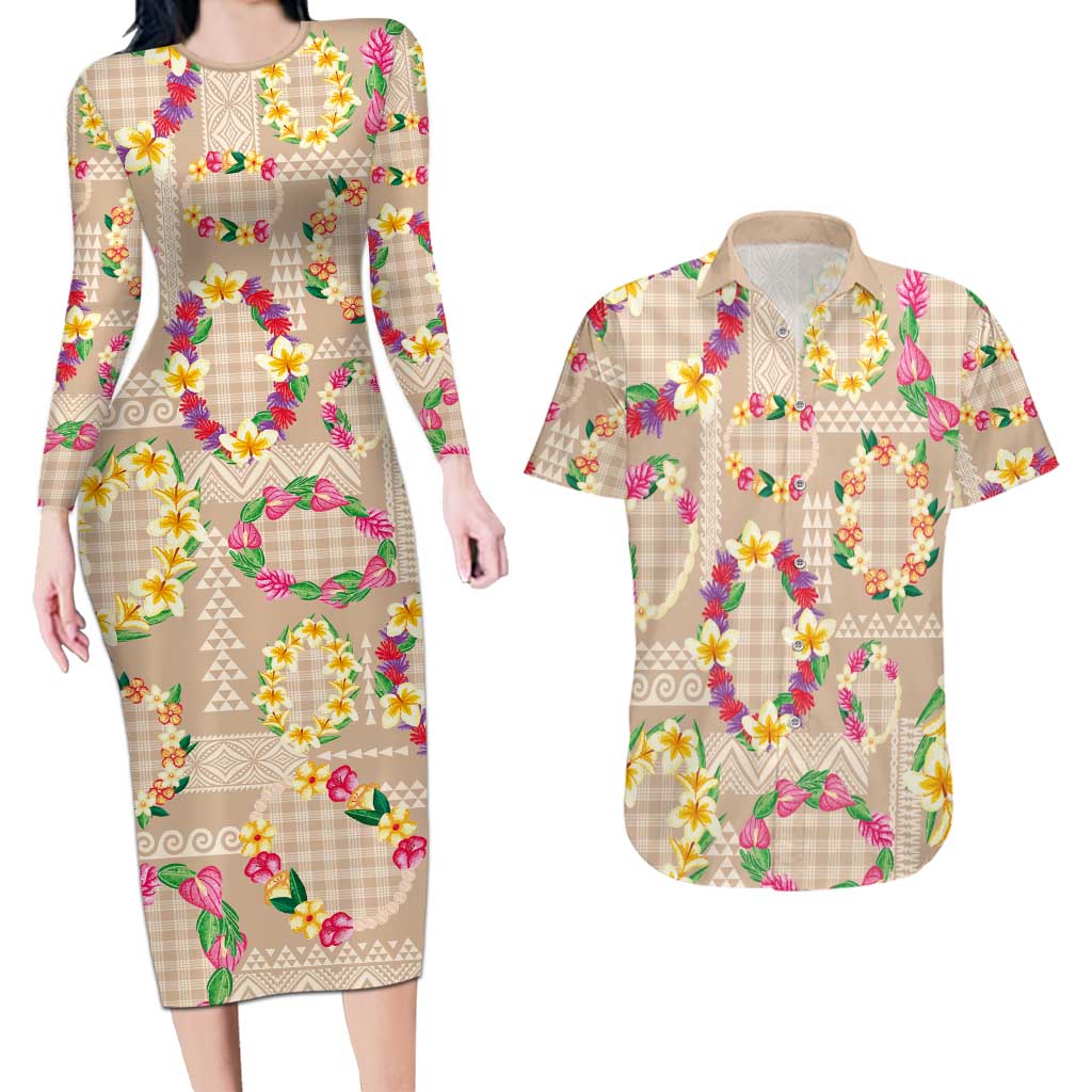 Hawaiian Kakau Tattoo Leis and Palaka Pattern Couples Matching Long Sleeve Bodycon Dress and Hawaiian Shirt Traditional Aloha Tribal Beige Color