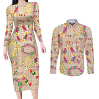 Hawaiian Kakau Tattoo Leis and Palaka Pattern Couples Matching Long Sleeve Bodycon Dress and Long Sleeve Button Shirt Traditional Aloha Tribal Beige Color LT03 Beige - Polynesian Pride