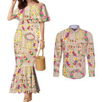 Hawaiian Kakau Tattoo Leis and Palaka Pattern Couples Matching Mermaid Dress and Long Sleeve Button Shirt Traditional Aloha Tribal Beige Color LT03 Beige - Polynesian Pride