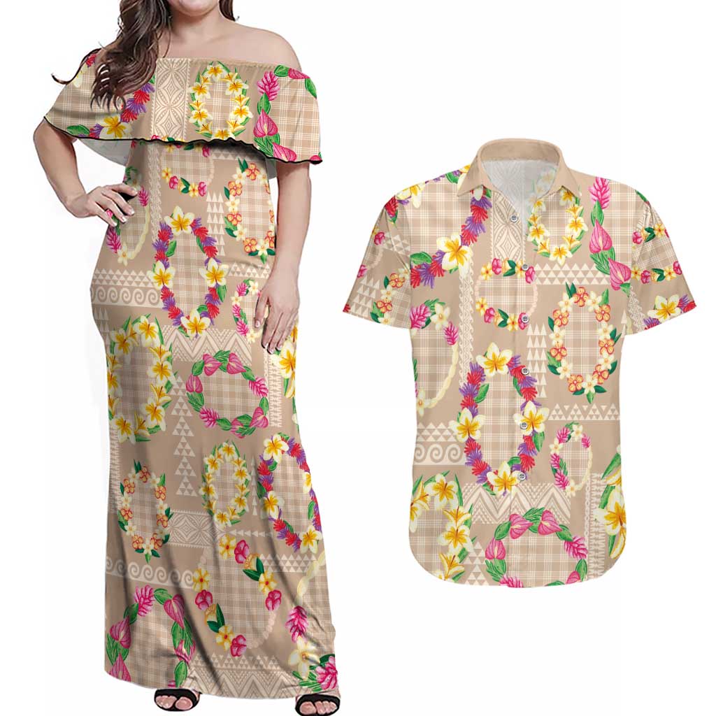 Hawaiian Kakau Tattoo Leis and Palaka Pattern Couples Matching Off Shoulder Maxi Dress and Hawaiian Shirt Traditional Aloha Tribal Beige Color LT03 Beige - Polynesian Pride