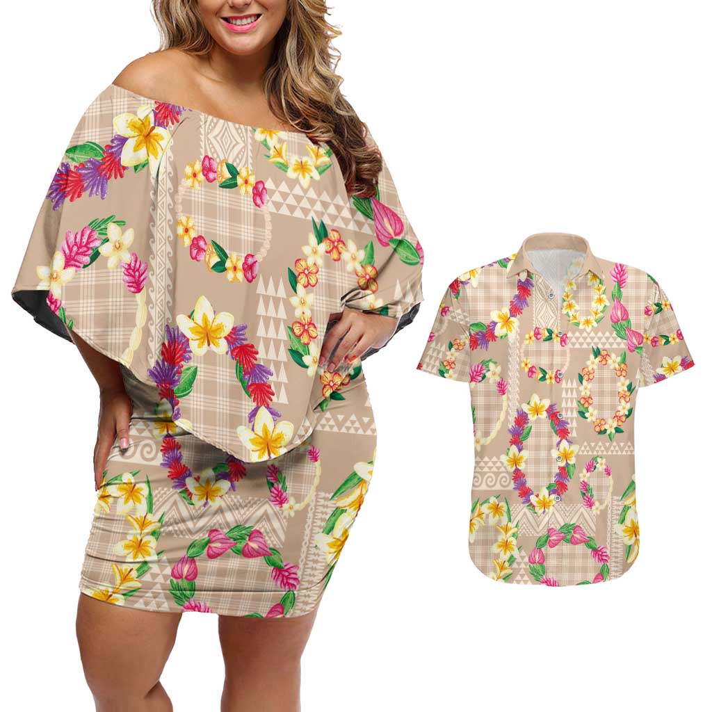 Hawaiian Kakau Tattoo Leis and Palaka Pattern Couples Matching Off Shoulder Short Dress and Hawaiian Shirt Traditional Aloha Tribal Beige Color LT03 Beige - Polynesian Pride