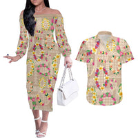 Hawaiian Kakau Tattoo Leis and Palaka Pattern Couples Matching Off The Shoulder Long Sleeve Dress and Hawaiian Shirt Traditional Aloha Tribal Beige Color LT03 Beige - Polynesian Pride