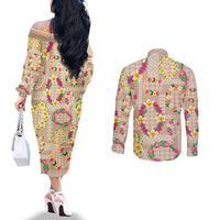 Hawaiian Kakau Tattoo Leis and Palaka Pattern Couples Matching Off The Shoulder Long Sleeve Dress and Long Sleeve Button Shirt Traditional Aloha Tribal Beige Color LT03 - Polynesian Pride