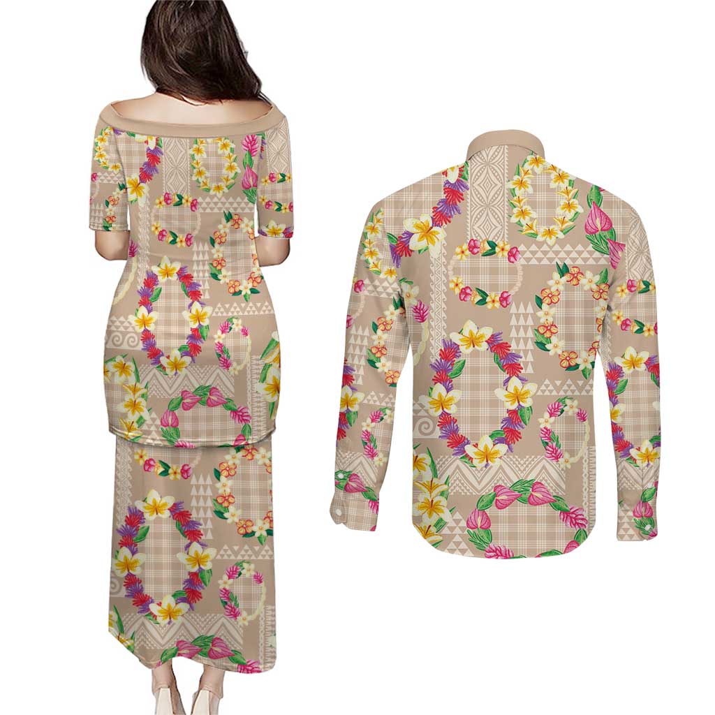Hawaiian Kakau Tattoo Leis and Palaka Pattern Couples Matching Puletasi and Long Sleeve Button Shirt Traditional Aloha Tribal Beige Color