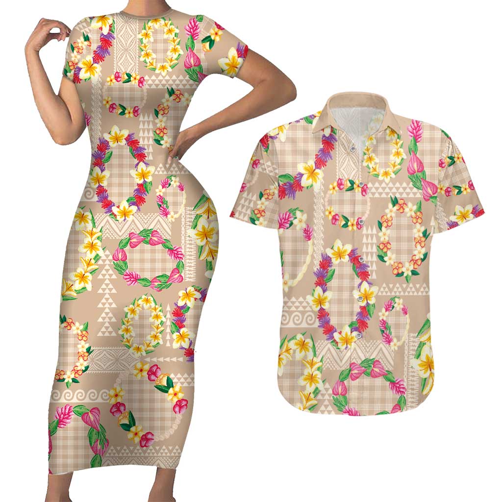 Hawaiian Kakau Tattoo Leis and Palaka Pattern Couples Matching Short Sleeve Bodycon Dress and Hawaiian Shirt Traditional Aloha Tribal Beige Color LT03 Beige - Polynesian Pride