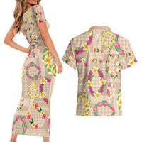 Hawaiian Kakau Tattoo Leis and Palaka Pattern Couples Matching Short Sleeve Bodycon Dress and Hawaiian Shirt Traditional Aloha Tribal Beige Color LT03 - Polynesian Pride